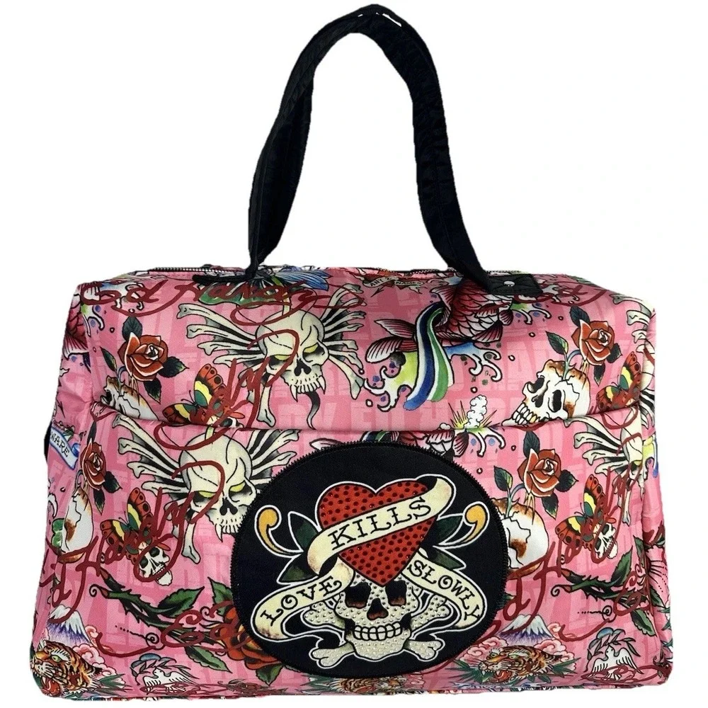Ed Hardy Pink Tattoo Print Duffel Bag Kills Slowly Rhinestone Skull Weekender